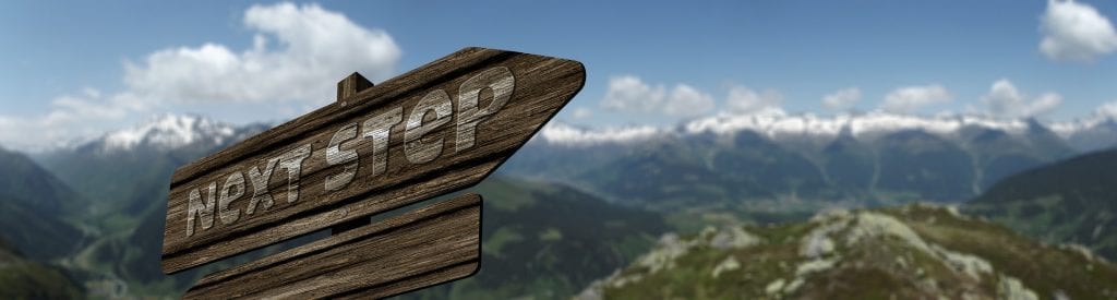 wooden sign reading "next step" against mountain background